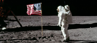 Astronaut Edwin “Buzz” Aldrin salutes the American flag on the Moon